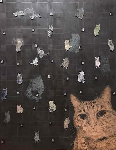 画家・山田貴裕氏×抽象画家mamofu氏のコラボ作品、猫のいる空間2