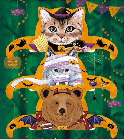 猫は魔女、狼はミイラ男、熊はドラキュラに仮装したハロウィンティーバッグ