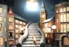 銀座英國屋のショーウィンドウに月夜の階段を登る猫のディスプレイが登場