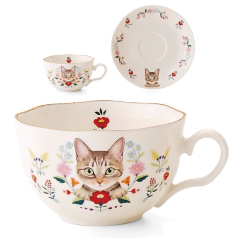 お花と猫のカップ＆ソーサーの会、キジトラ猫のデザイン