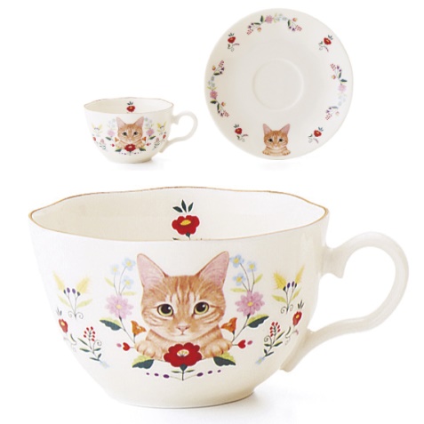 お花と猫のカップ＆ソーサーの会、茶トラ猫のデザイン