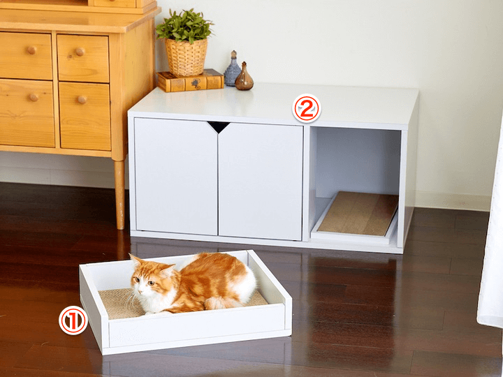 スタイリッシュな家具調猫用品ホワイトファニチャーの「スクラッチベッド」と「トイレカバー」製品イメージ