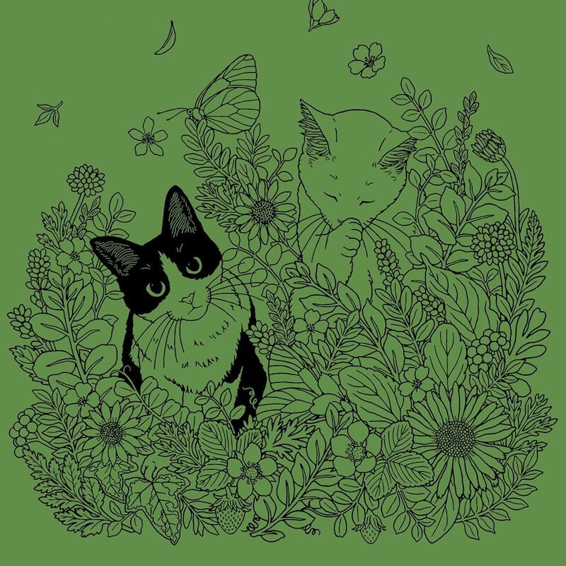猫の下絵が描かれたダークグリーンシート by スクラッチアート本「猫と花と可愛いもの」