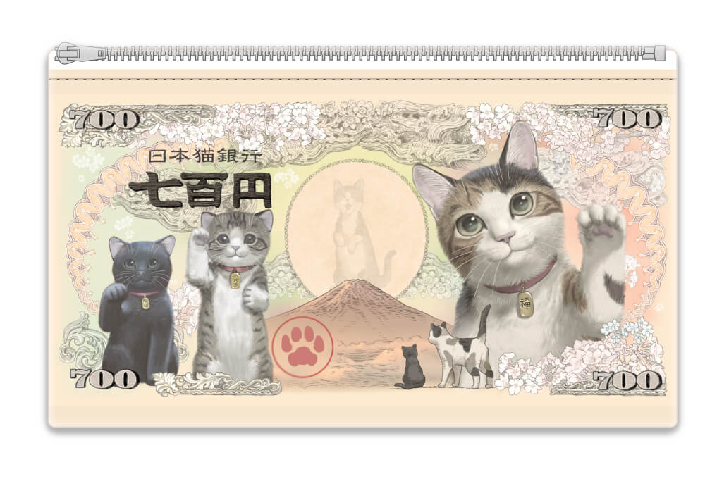招き猫風の700円札紙幣グッズ「フラットポーチ」