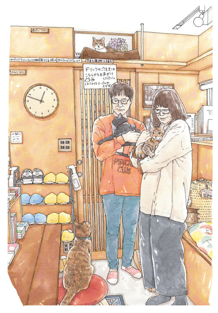 一志敦子さんが描く「キャッツ ミャウ ブックス」の店主＆店内イメージイラスト