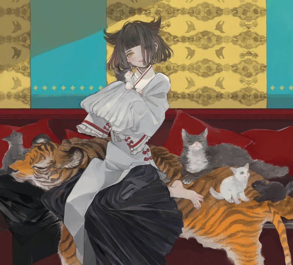 猫を抱く主人公の李徴のイラスト by ねこ助