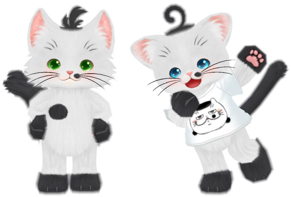 ゲーム「ネコ・トモ」のキャラクターに、マンガ・おじさまと猫の「ふくまる」のぶち模様を再現したイメージ