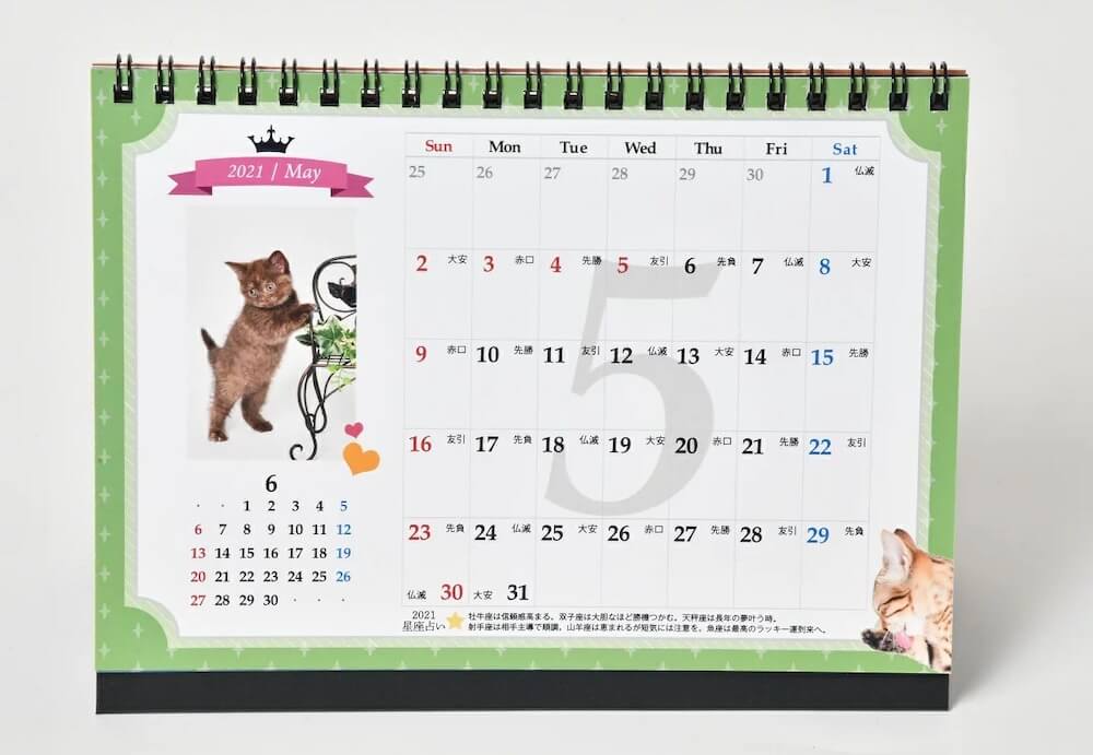 カレンダー「猫様のお言葉 ネ・コ・ト・バ2021」の書き込み欄や星占いが掲載されている面