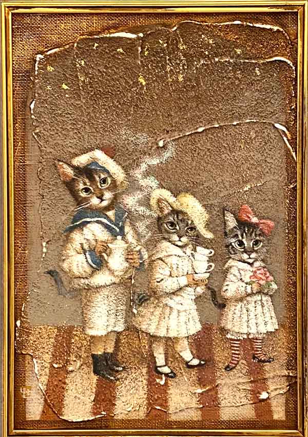 油彩画家、髙橋幸恵さんの猫の絵画作品「3人のお茶会」