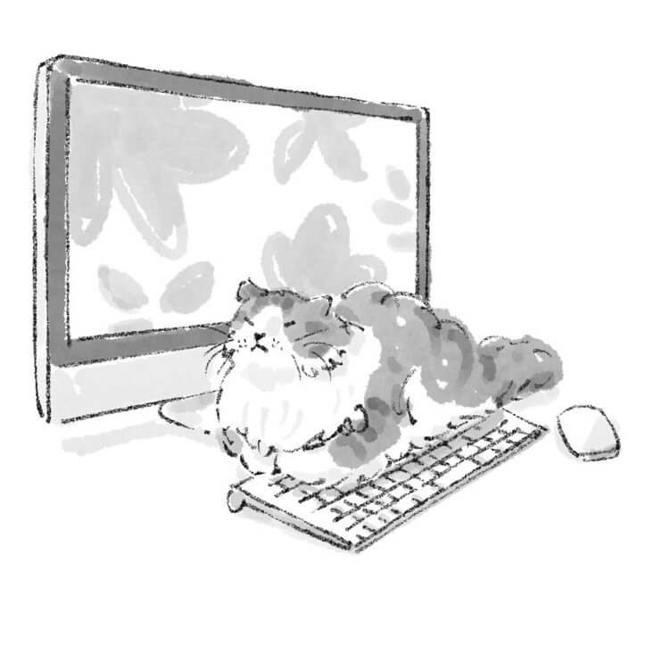 パソコンのキーボードに座る猫のイラスト by 書籍「猫がいてくれるから」
