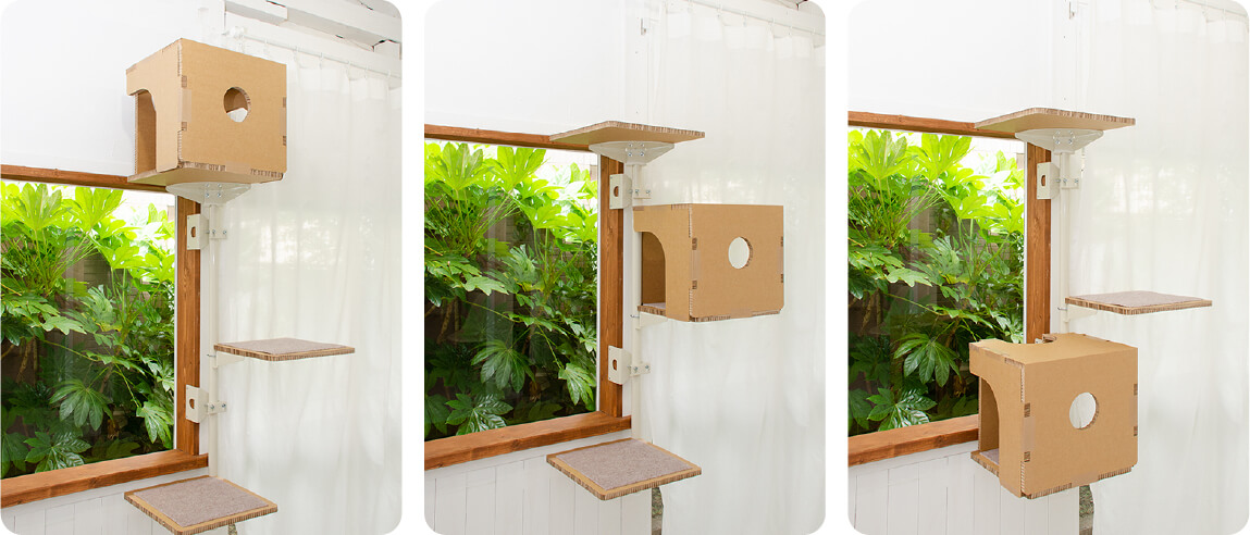 木製の窓枠に取り付けられるキャットタワー「ねこゴロン」専用ボックス