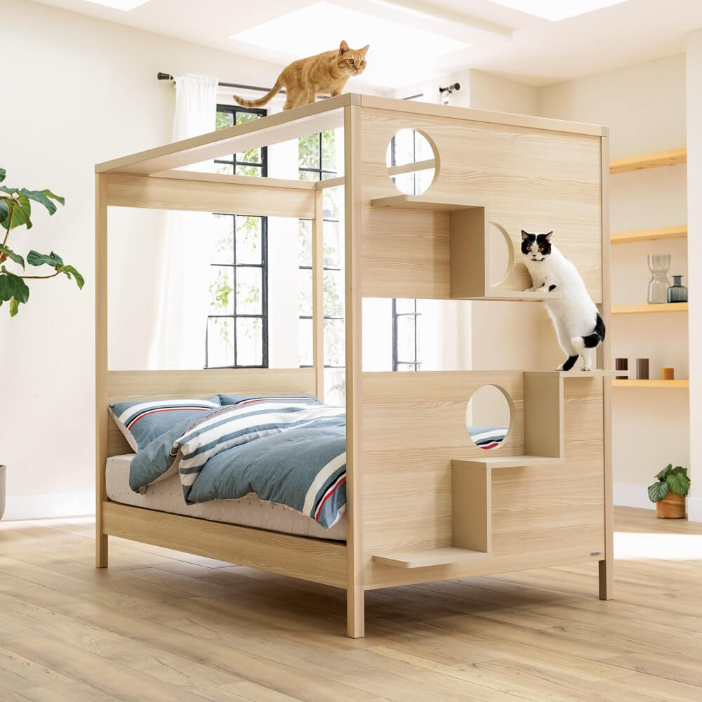 フランスペットが開発した猫も遊べる人間用ベッド「ネコステップ付きベッド」 by ベルメゾン