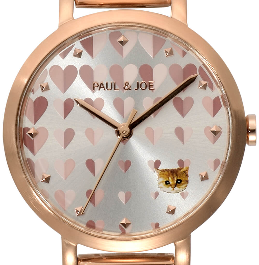 猫とハートがデザインされた腕時計「メタルブレスレットモデル」のダイヤル拡大イメージ