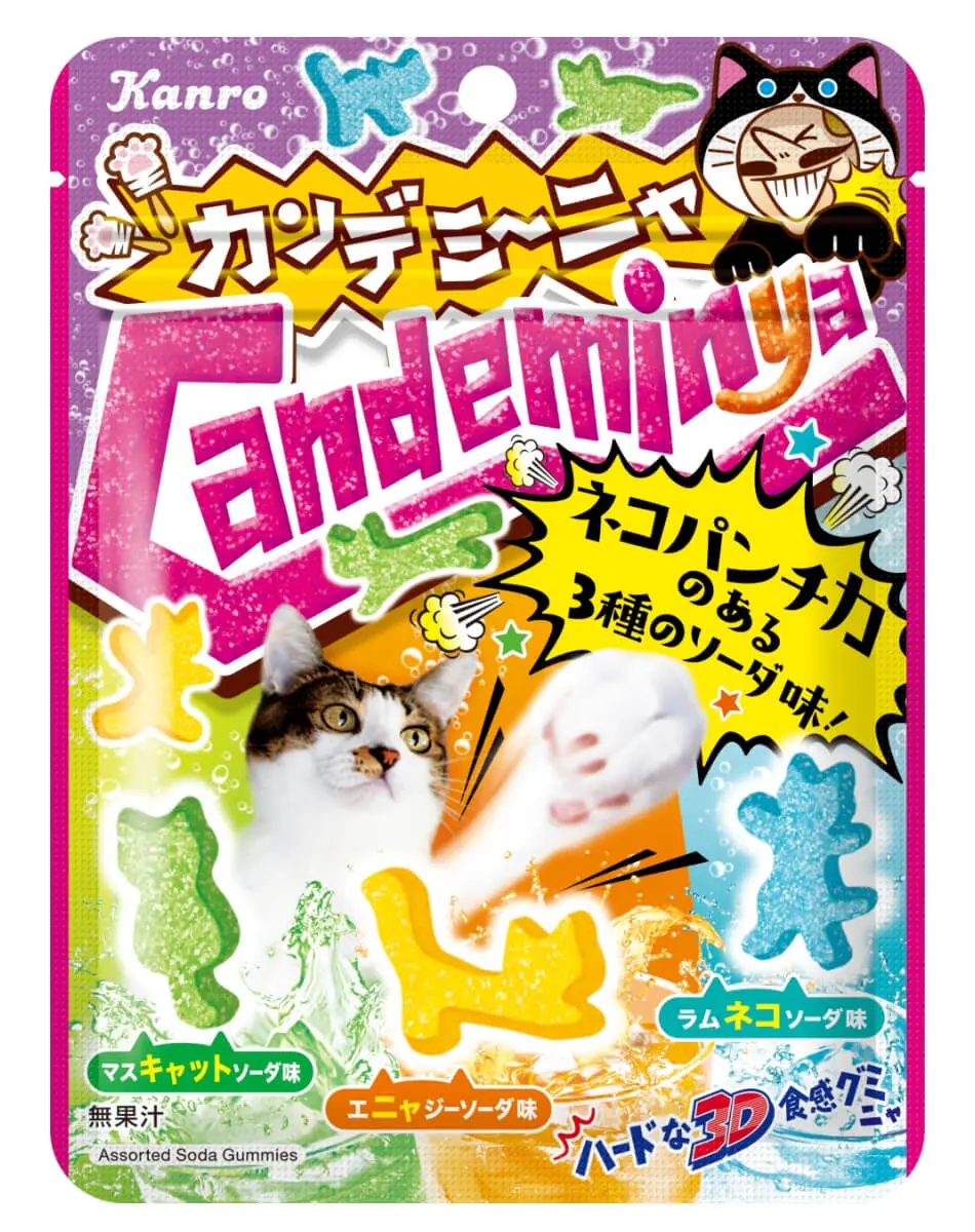 猫パンチのパッケージが迫力満点！ハードな食感の猫型グミ「カンデ