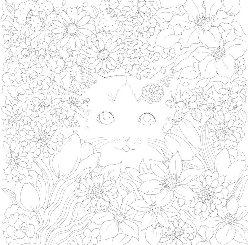 お花に囲まれた猫の塗り絵（下絵） by 毎日の暮らしでみつけた小さな幸せ ぬり絵 猫と花のある日々