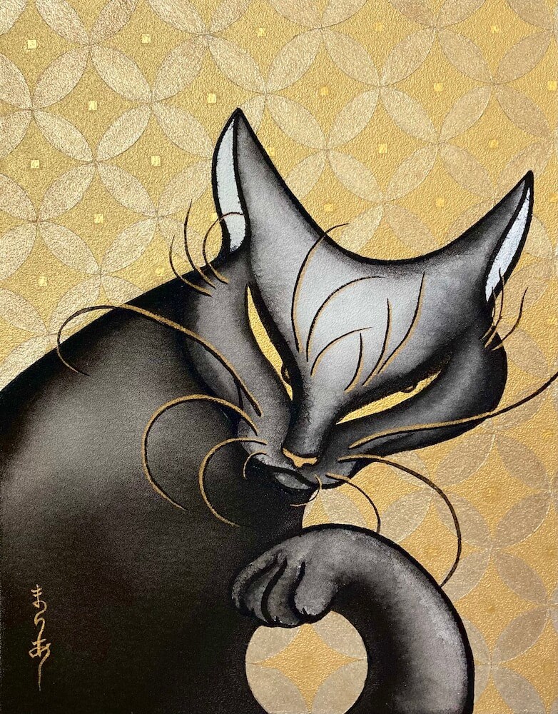 黒猫の日本画「光の庭 七宝 」 by 溝口まりあ