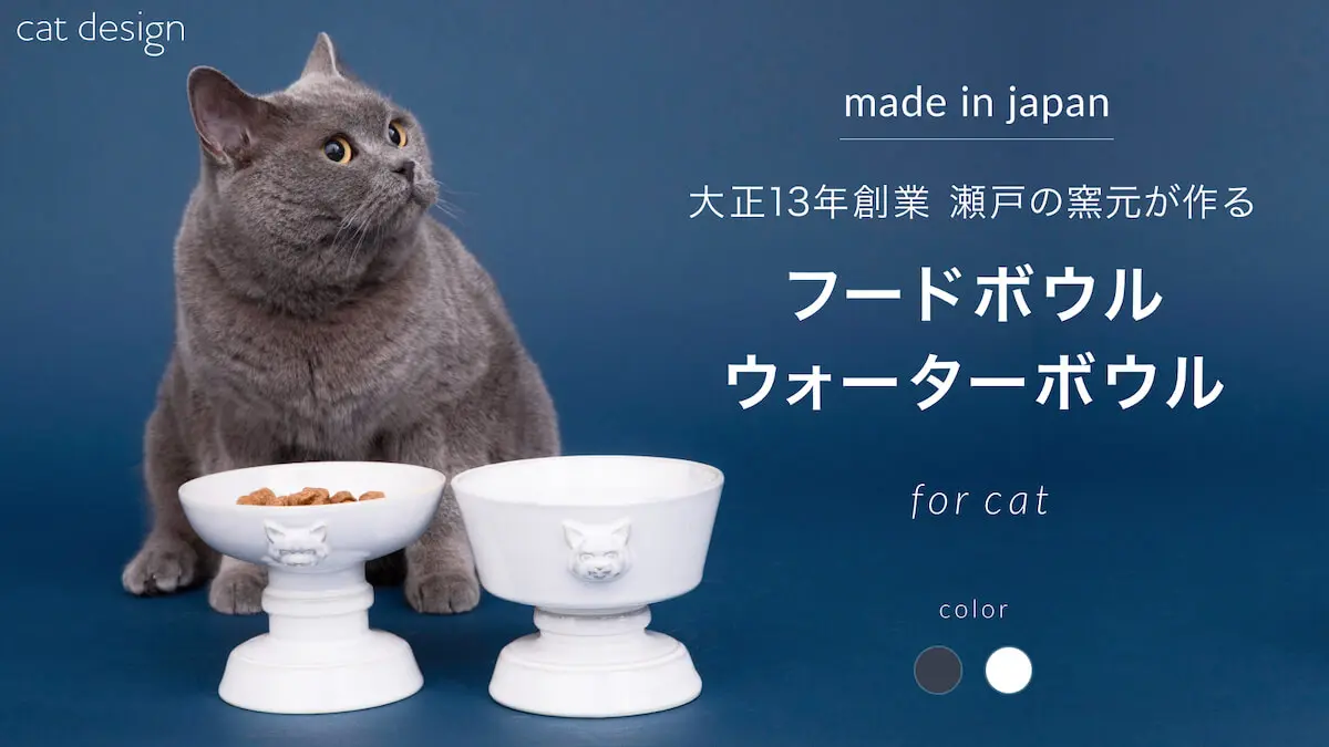 新品！cat design フードボウル&ウォーターボウルセット 彫刻のようなネコ顔が個性的♪ 大正13年創業の窯元が作る猫用の