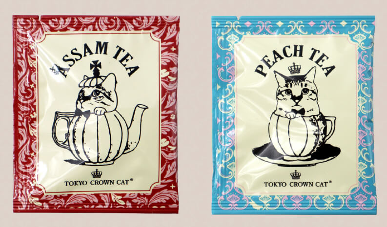 アッサムティー＆ピーチティーセットの猫デザイン個包装パッケージ by TOKYO CROWN CAT