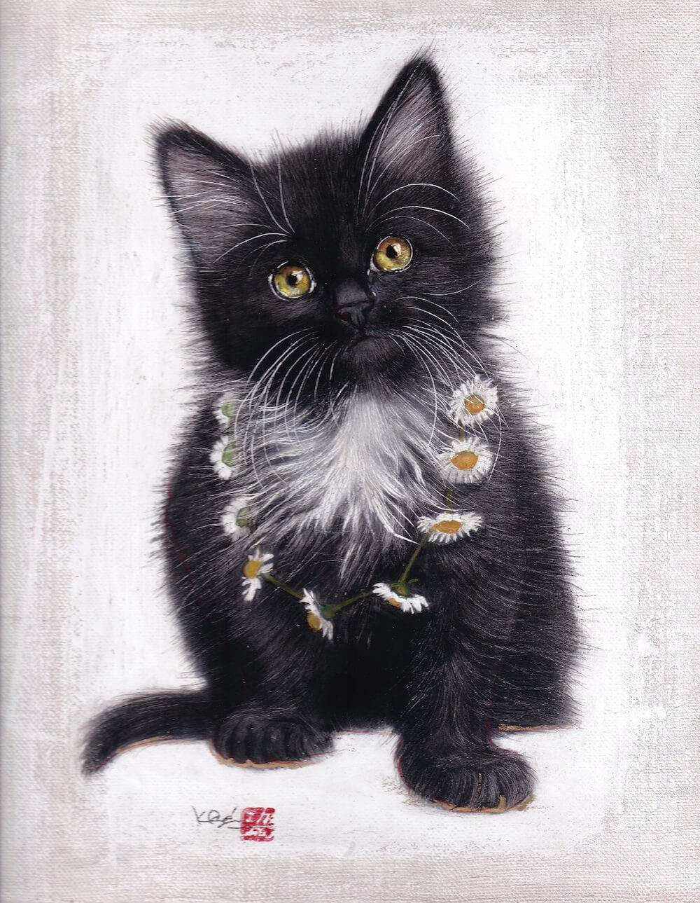 画家・市来功成による花の首飾りをつけた猫の絵画作品「花の首飾り」