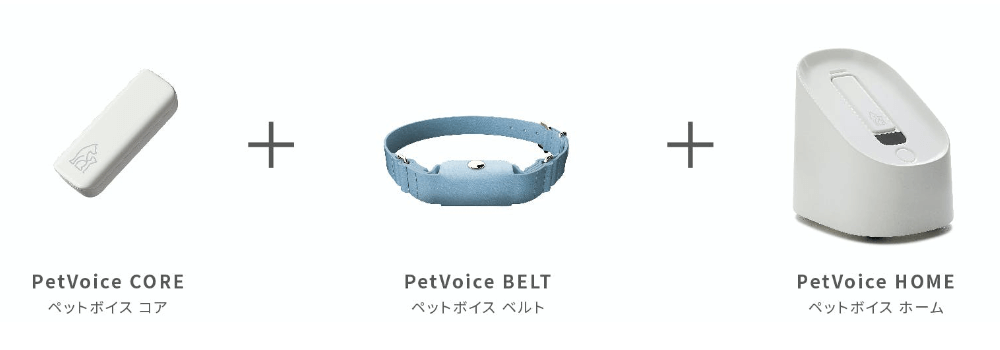 犬猫の活動量を計測する「PetVoice CORE」、犬猫の首輪に装着する「PetVoice BELT」、犬猫の活動量データをクラウドに送信する「PetVoice HOME」