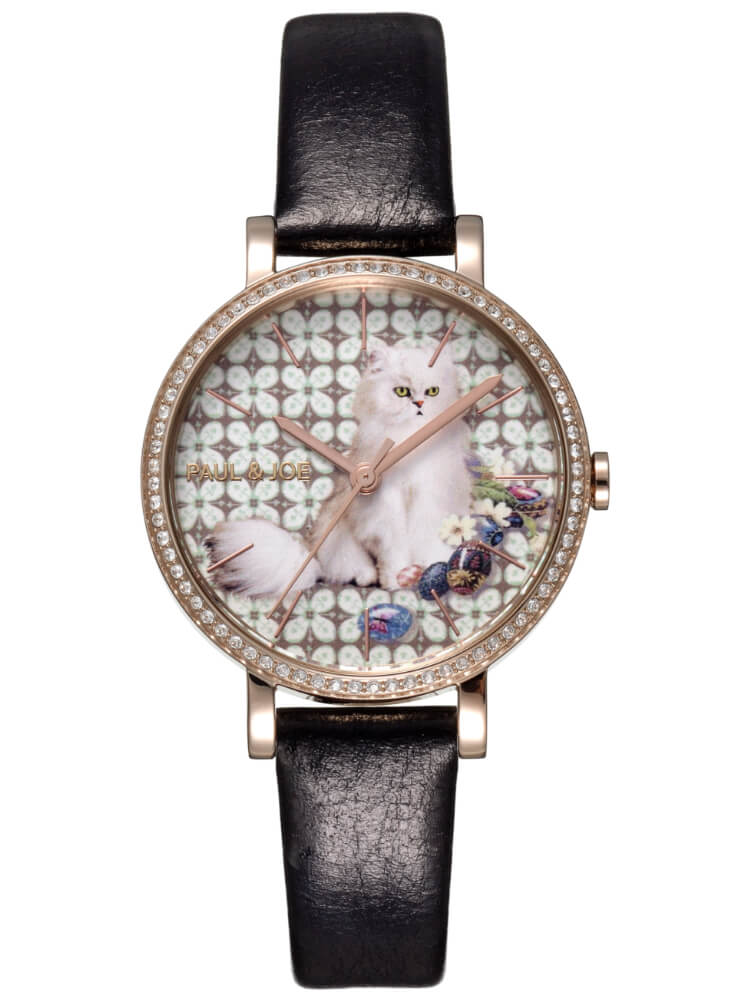 ポールアンドジョーの腕時計「BOUTON」ピンクゴールドブラックレザーモデル（型番：PJ7P32-94D）
