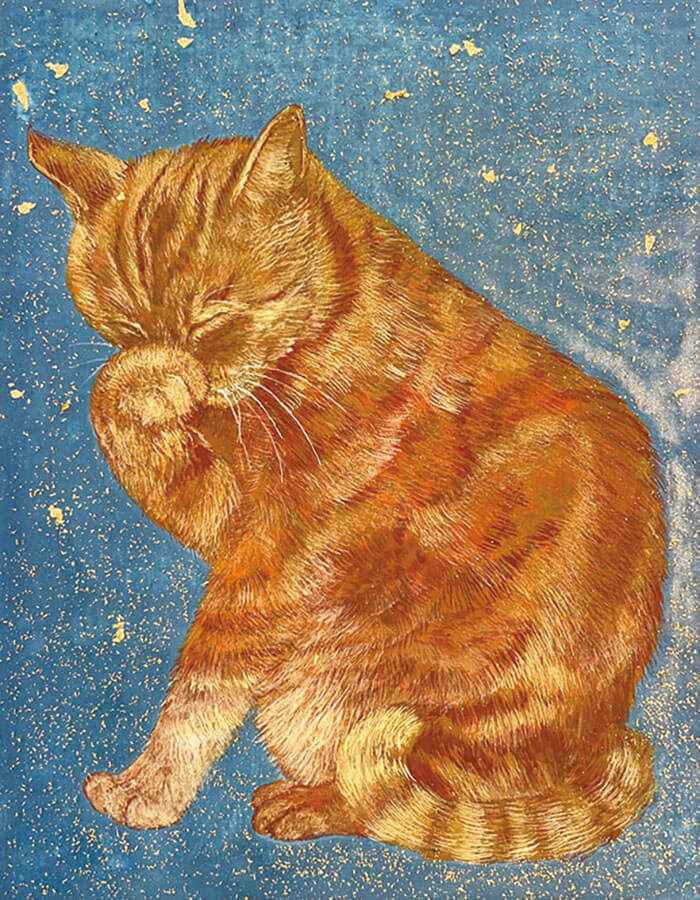 手で顔を洗う茶トラ猫の絵 by 岩堀葉