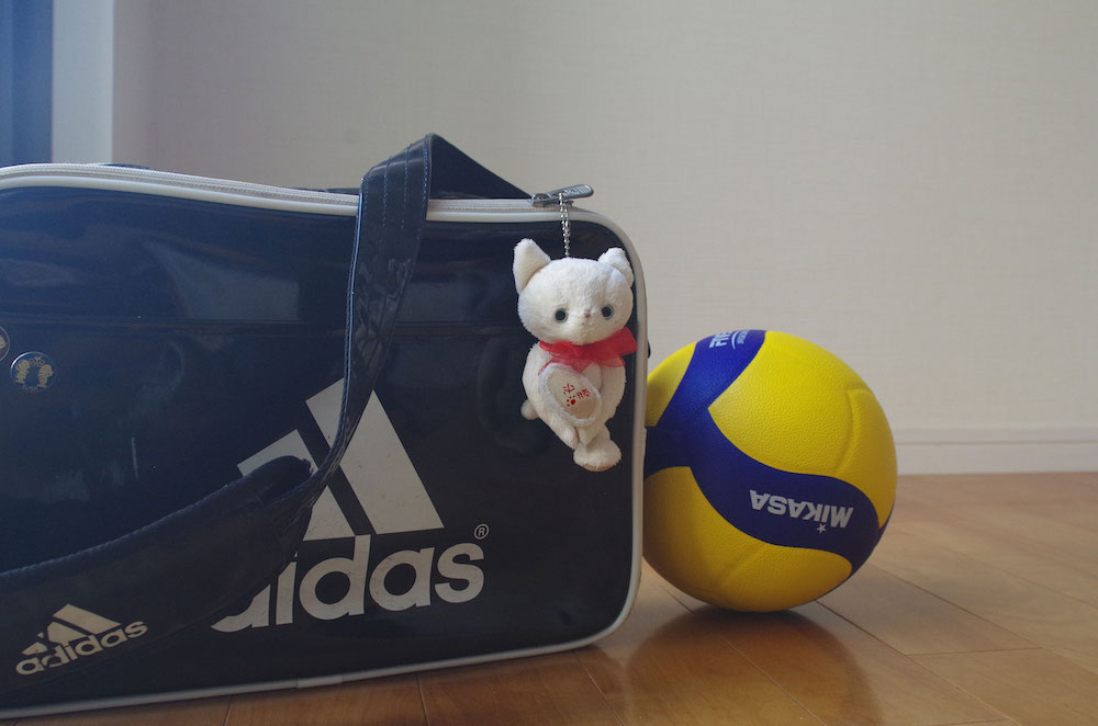 猫のぬいぐるみ型応援ギフト「必勝祈願ネコ」をスポーツバッグに装着したイメージ