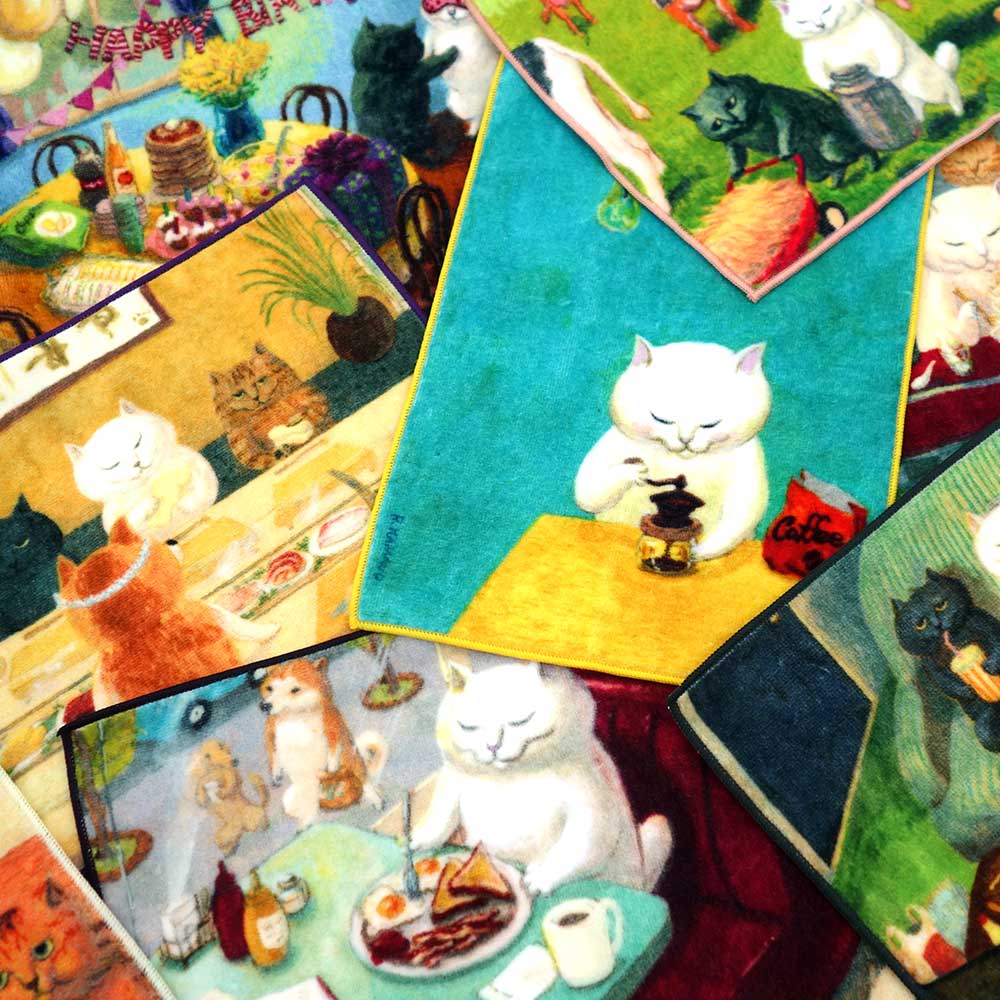 画家・カマノレイコさんによる猫の絵がプリントされた今治タオルハンカチシリーズ「ねこの暮らし」