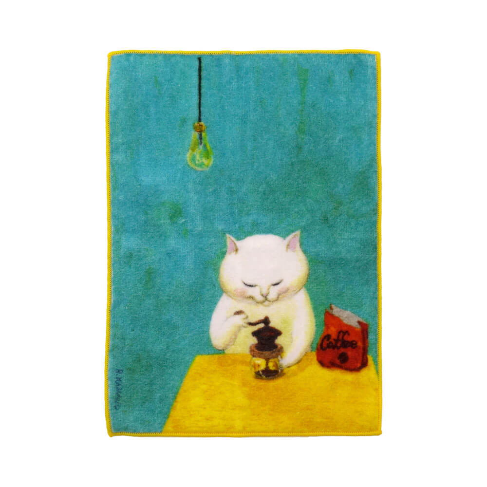 コーヒー豆を挽く猫の絵がプリントされたタオルハンカチ by カマノレイコ