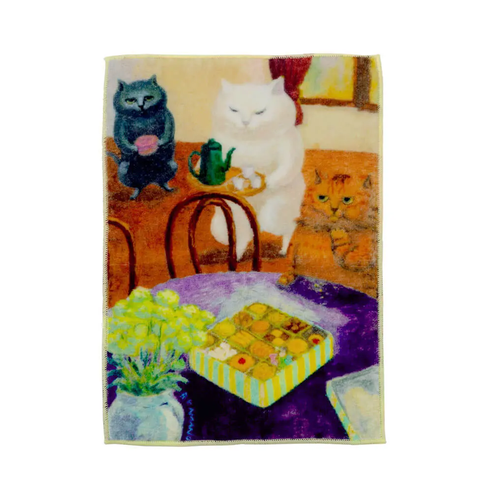画家の猫イラストを転写プリントしたタオルハンカチ「ねこの暮らし