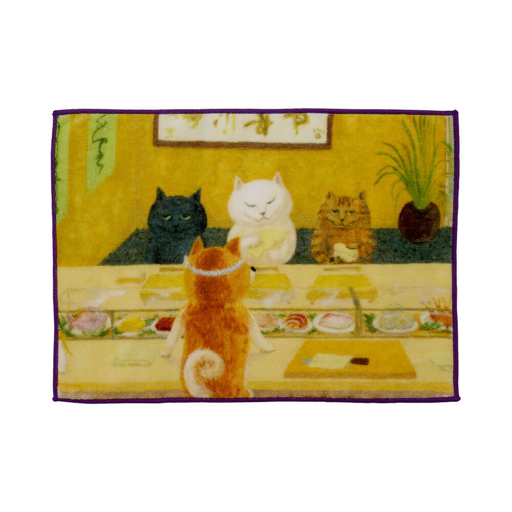 お寿司屋さんで食事をする猫の絵がプリントされたタオルハンカチ by カマノレイコ