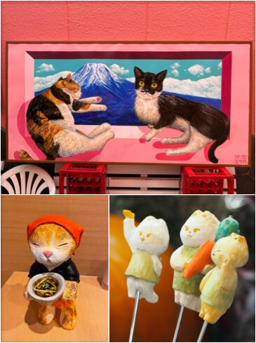 富士見通り商栄会の商店街店舗に展示されている猫アート作品