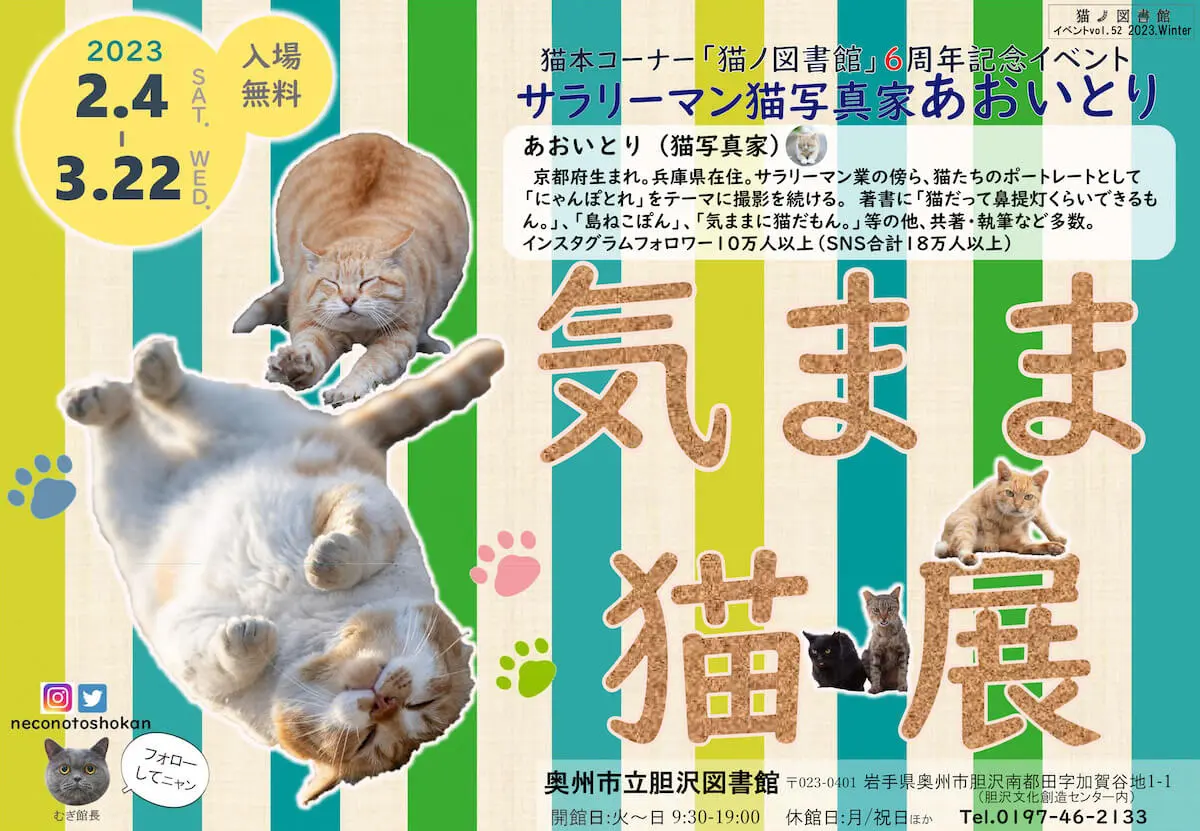写真家あおいとり個展『気まま猫展』 in 猫ノ図書館(胆沢図書館)メインビジュアル