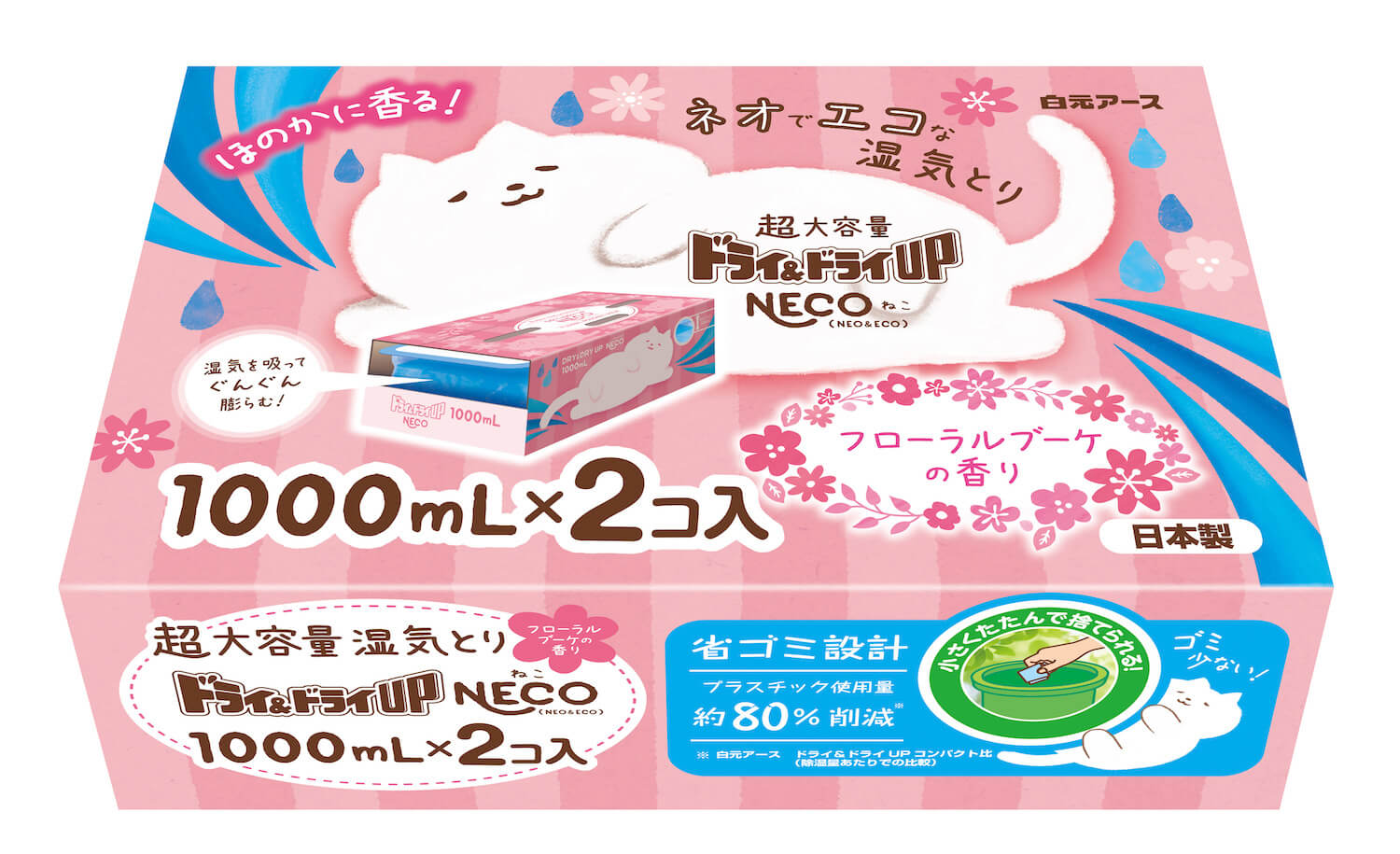 猫パッケージの除湿剤「ドライ＆ドライUP NECO（ねこ）」フローラルブーケの香り商品パッケージ