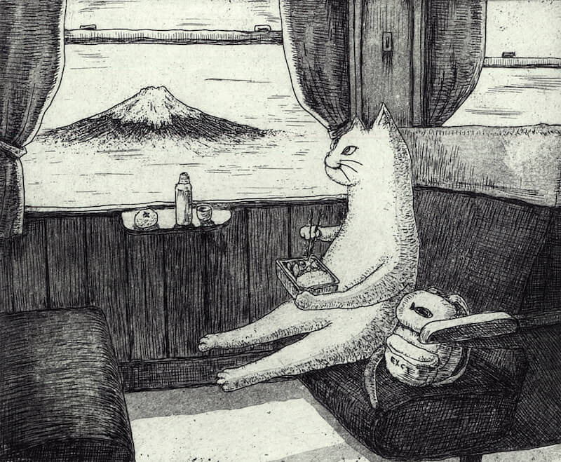 画家の寺澤智恵子さんによる猫の絵、作品名「車窓の旅」