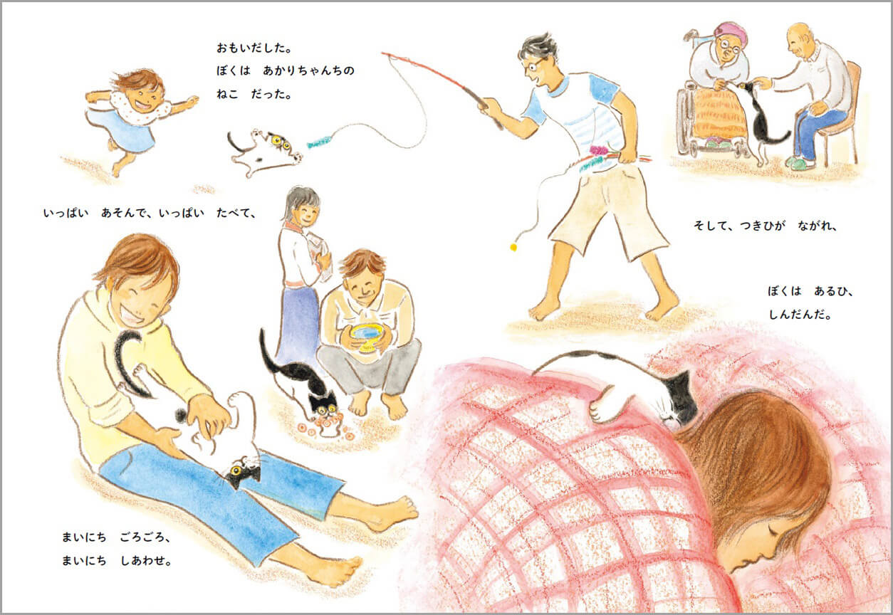 猫の生前の記憶が蘇るシーン by 絵本『ただいまねこ』の中面イメージ