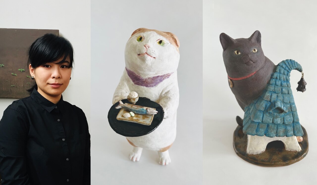 陶芸家・星野菜月のプロフィール写真＆猫モチーフの陶芸作品