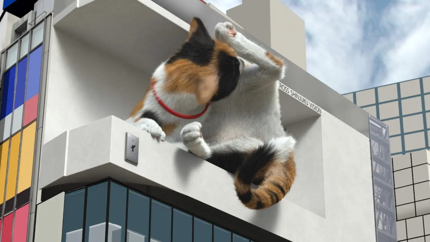 巨大な3D猫が毛づくろいする映像は圧巻ニャ！新宿東口のビル屋上にある
