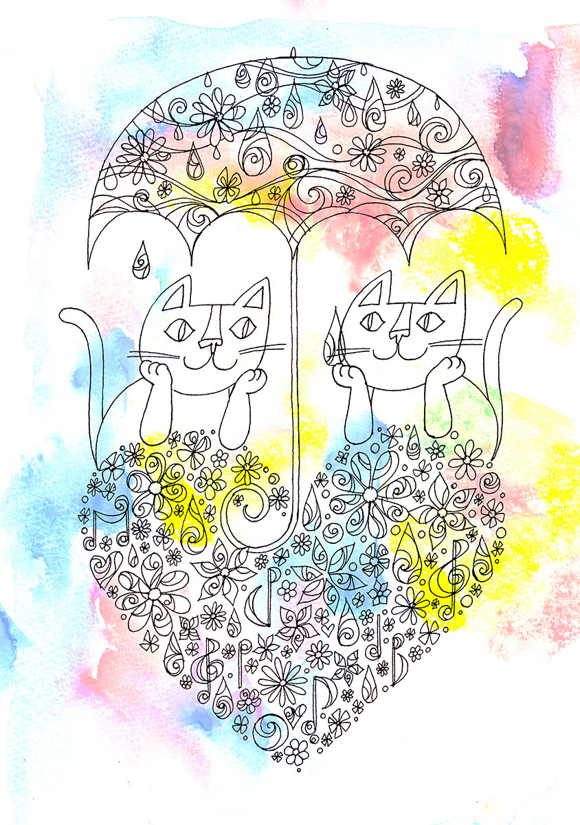 一緒に傘に入る2匹の猫を描いたイラスト作品 by おかべてつろう