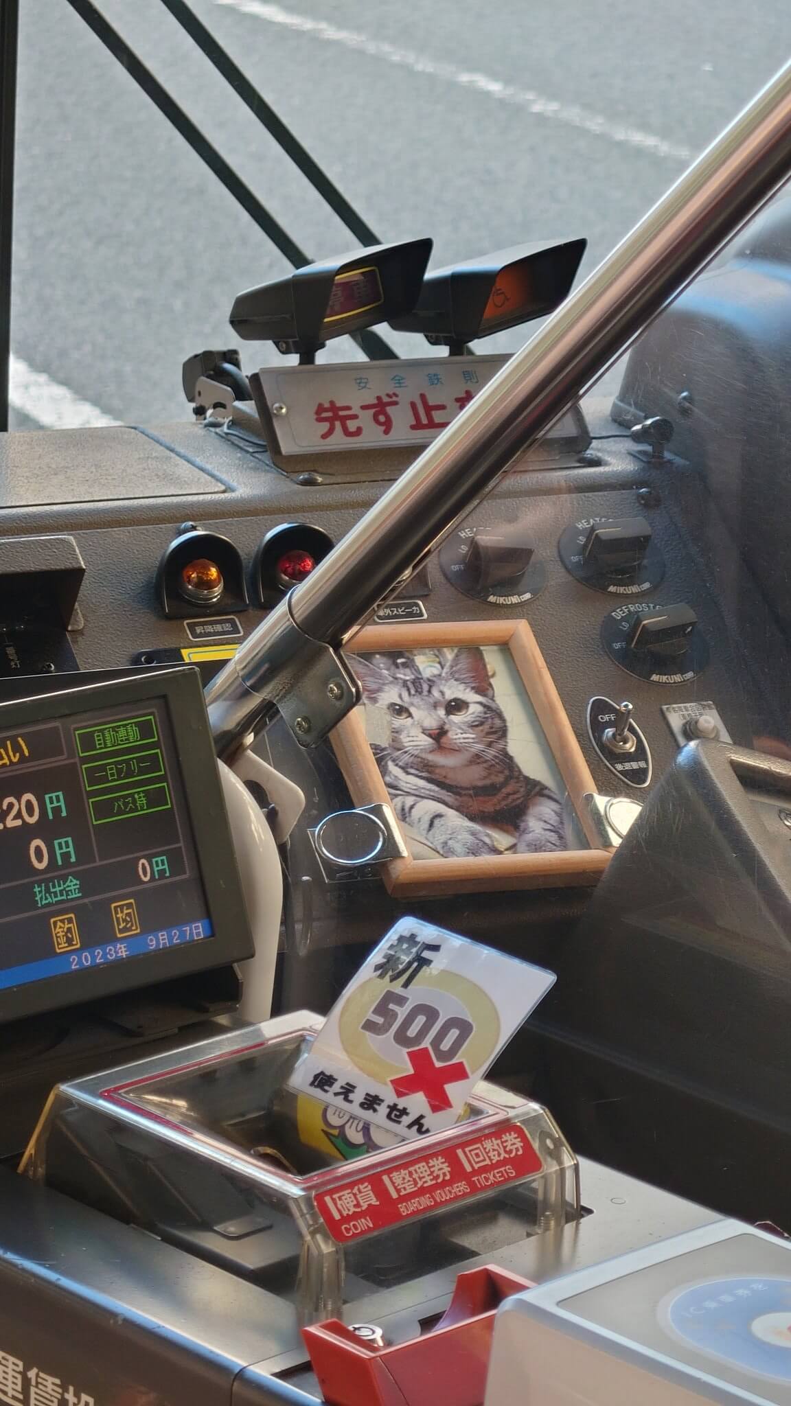 バスの運転席に飾られた猫ちゃんの写真