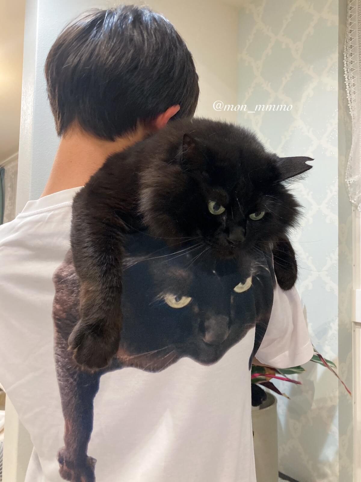 黒猫プリントTシャツを着た夫に背負われる黒猫のもんちゃん